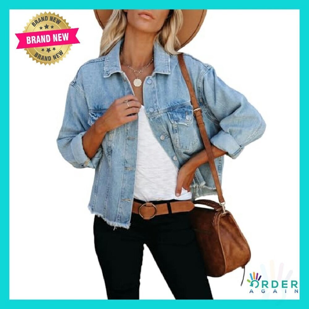 Cropped Denim Jacket Frayed Raw Hem Vintage Y2K Chic Button Up With Pockets - Picture 2 of 8